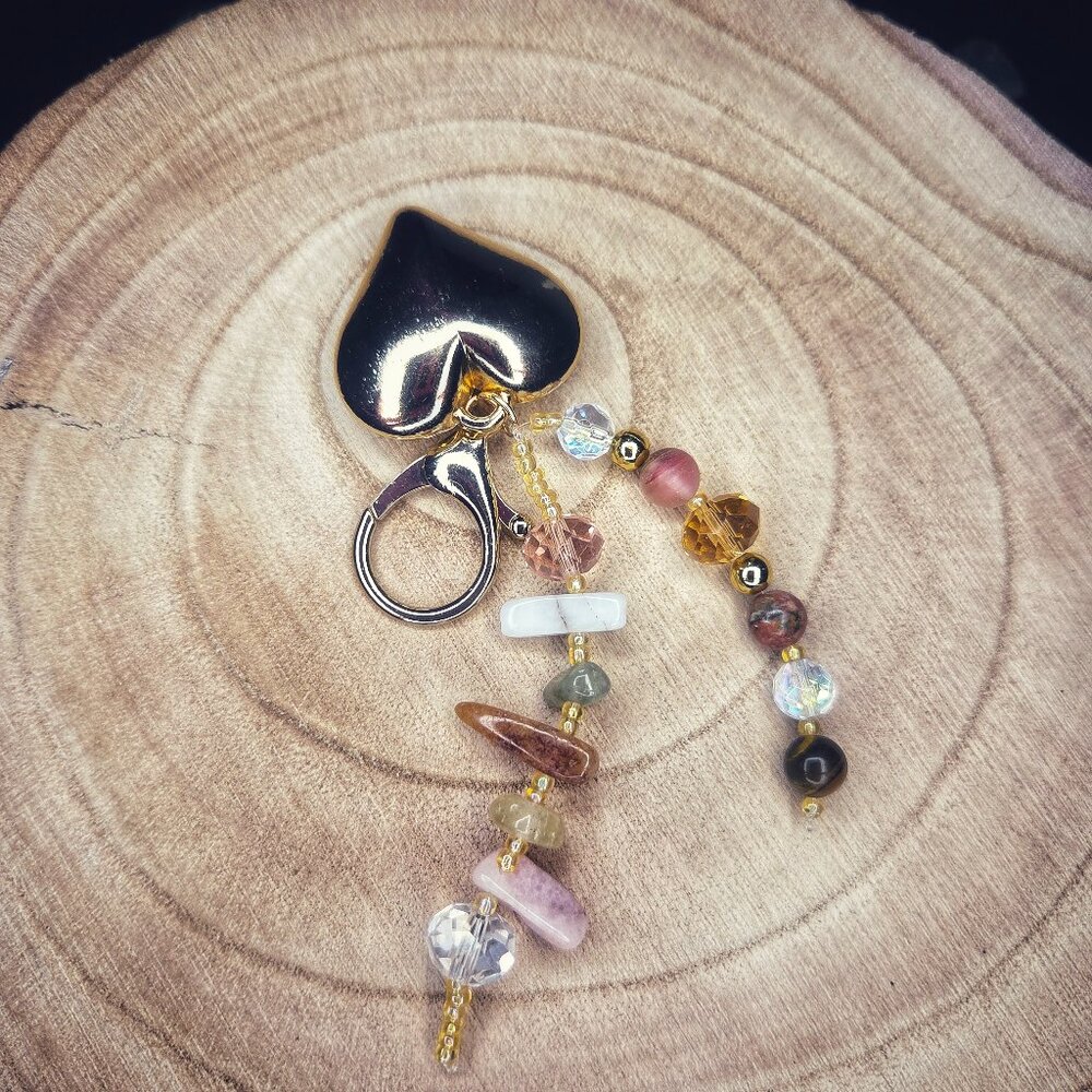 Morganite, Cherry Quartz, Unakite & Tiger Eye Bag Charm With Gold Heart Accent